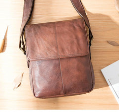 Casual Leather Mens 8 inches Vertical Side Bag Brown Messenger Bags Postman Bag for Men