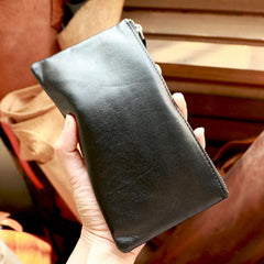 Vintage Black Leather Mens Phone Wallet Clutch Bag Wristlet Bag Zipper Long Wallet For Men