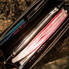 Handmade Leather Acalanatha Mens Tooled Chain Biker Wallet Cool Leather Wallet Long Clutch Wallets for Men