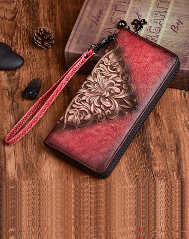 Womens Flowers Red Leather Zip Around Wallet Wristlet Wallet Floral Ladies Zipper Clutch Wallet for Women