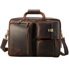 Large Brown Leather Mens Briefcase 15inch Laptop Backpack Work Bag Travel Bag For Men