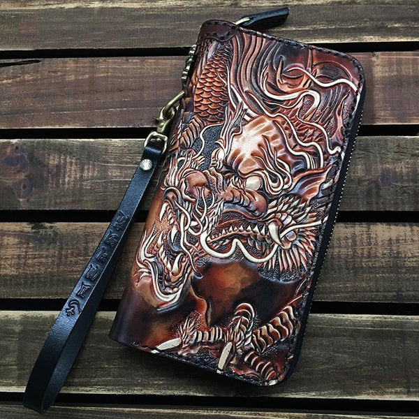 Black Handmade Chinese Dragon Tooled Leather Long - Back View