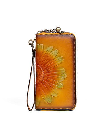 Womens Yellow Leather Zip Around Wallets Sunflower Wristlet Wallets Flower Ladies Zipper Clutch Wallet for Women