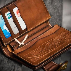 Handmade Leather Tooled Skull Indian Chief Biker Wallets Mens Cool billfold Chain Wallet Trucker Wallet with Chain