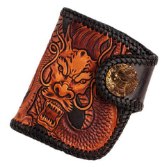 Handmade Leather Tooled Chinese Dragon Biker Wallet Mens Cool billfold Chain Wallet Trucker Wallet with Chain