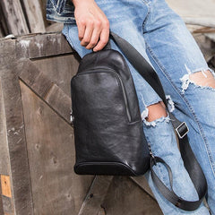 Black Cool Leather Mens Sling Bag Chest Bag Black One Shoulder Backpack Sling Pack for Men