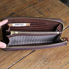 Vintage Brown Leather Mens Clutch Large Distressed Wallet Zipper Clutch Wristlet Wallet for Men