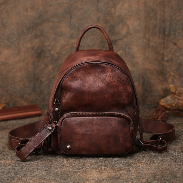 Classic Brown Leather Rucksack Womens Compact Leather - Chain Detail