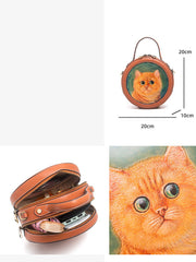 Handmade Womens Brown Leather Round Handbag Purse Cat Round Crossbody Bag for Women