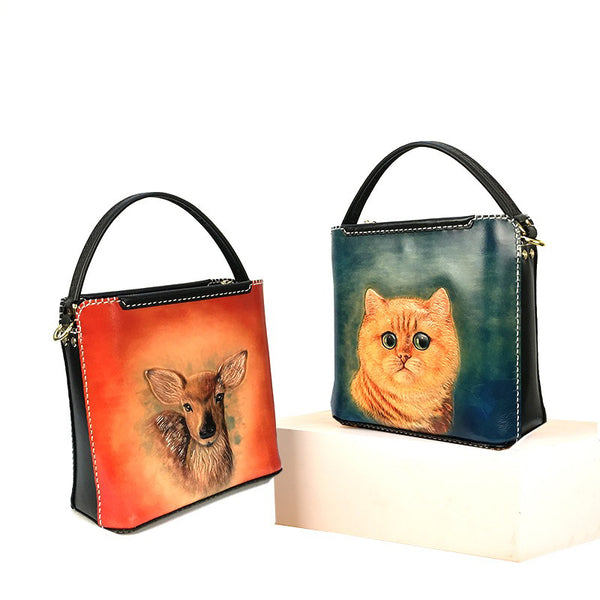 Handmade Womens Tooled Leather Square Handbag Purse - Bill Slots Detail