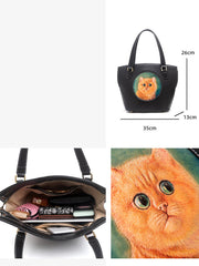 Handmade Womens Brown Leather Tote Handbag Purse Ginger Cat Tote Bag for Women