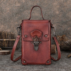 Red Brown Leather Womens Small Box Shoulder Bag Cube Small Handmade Handbag Purse for Ladies