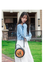 Handmade Womens Black Leather Round Handbag Purse Round Deer Crossbody Bag for Women