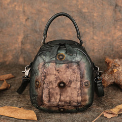 Small Green Leather Womens Rivets Shoulder Bag Barrel Small Handmade Handbag Purse for Ladies