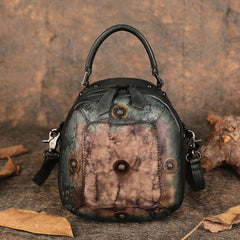 Small Brown Leather Womens Rivets Shoulder Bag Barrel Small Handmade Handbag Purse for Ladies