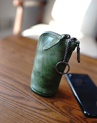 Vintage Women Green Leather Zip Key Wallet Car Key Holder Coin Wallet Coin Pouch Change Wallet For Women