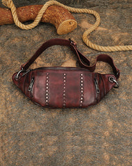 Vintage Women Green Leather Rivet Waist Bag Fanny Pack Handmade Shoulder Rivet Hip Packs for Women