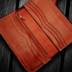 Handmade Leather Tooled Buddha&Demon Mens Chain Long Biker Wallet Cool Leather Wallet With Chain Wallets for Men