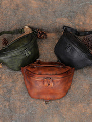 Women Black Gray Leather Waist Bag Fanny - Bill Slots Detail