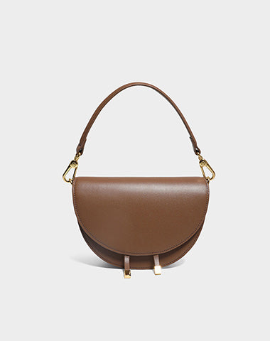 Cute Womens Coffee Leather Saddle Round Handbag Shoulder Bag Round Crossbody Purse for Women
