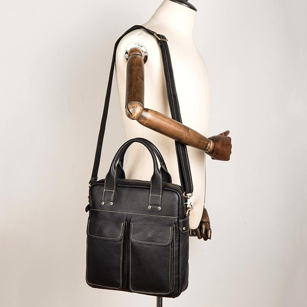 Fashion Black Leather 12 inches Vertical Briefcase - Back View
