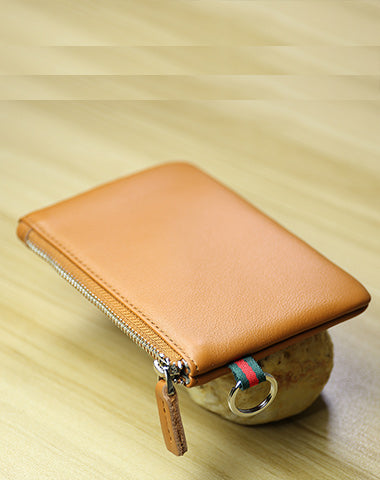Women Tan Leather Mini Zip Wallet with Keychain Billfold Slim Coin Wallet Small Zip Change Wallet For Women