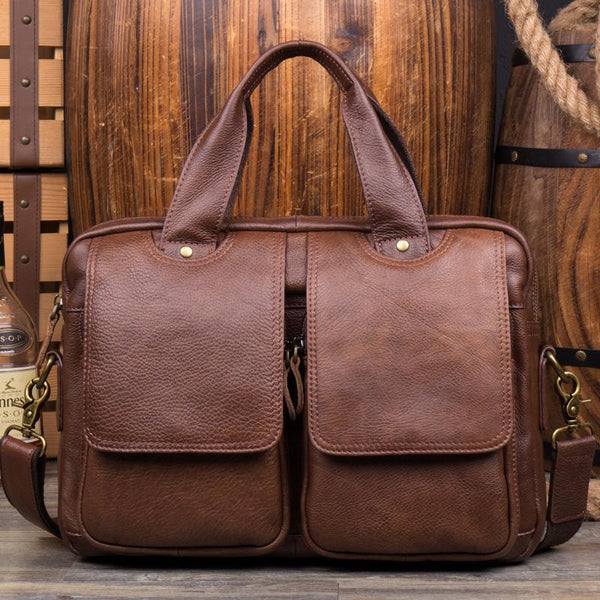 Tan Leather Mens 13 inches Briefcase Laptop - Back View