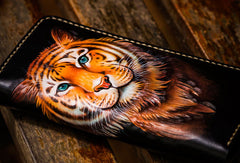 Handmade leather tiger biker wallet long wallet black leather men phone - EverHandmade