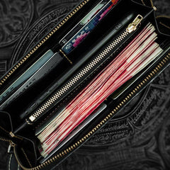 Handmade Leather Tooled Carp Mens Chain Biker Wallet Cool Leather Wallet Long Phone Wallets for Men