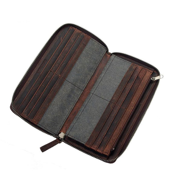 Casual Black Canvas Leather Men's Long Wallet Bifold Around Zip Wallets Clutch P LST00891029