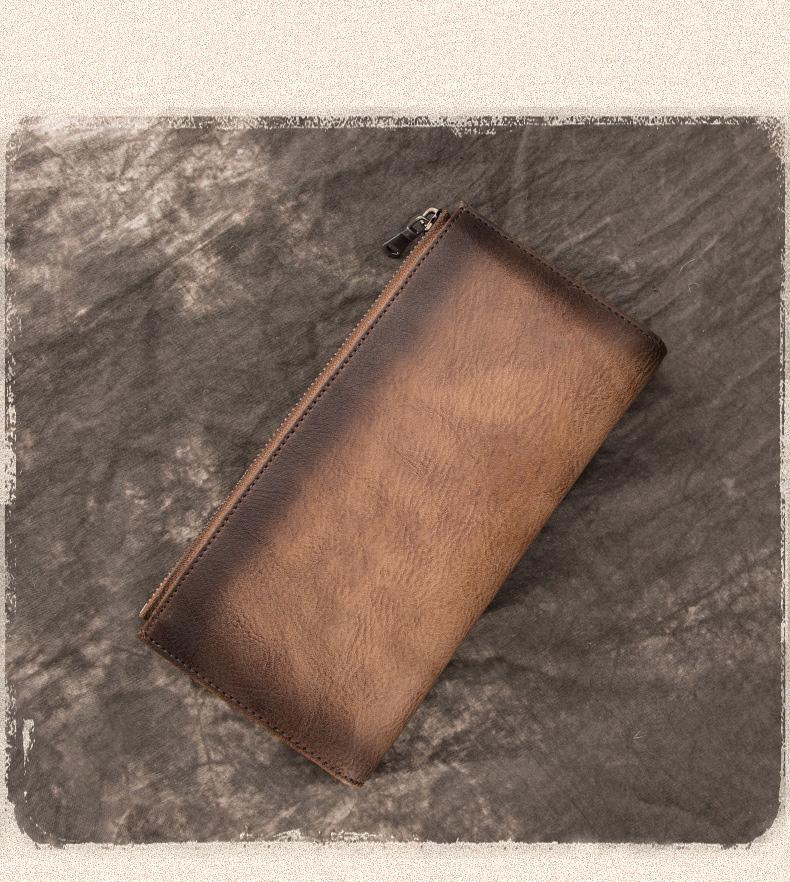 Vintage Brown Long Wallet Leather Mens Bifold - Bill Slots Detail