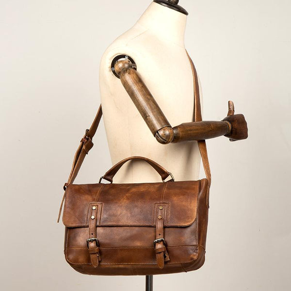 Brown Leather Mens 13 inches Briefcase Laptop - Back View