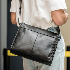 Fashion Black Leather Mens 12 inches Side Bag Messenger Bags Black Postman Bag Courier Bag for Men