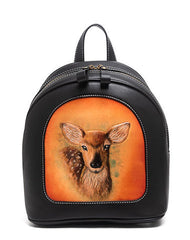 Handmade Ladies Black Leather Small Backpack Pray Girl Tooled Womens Leather Rucksack