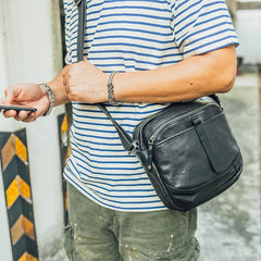 Cool Black Leather Men Small Square Side Bags Tan Fashion Messenger Bag Postman Bag For Men