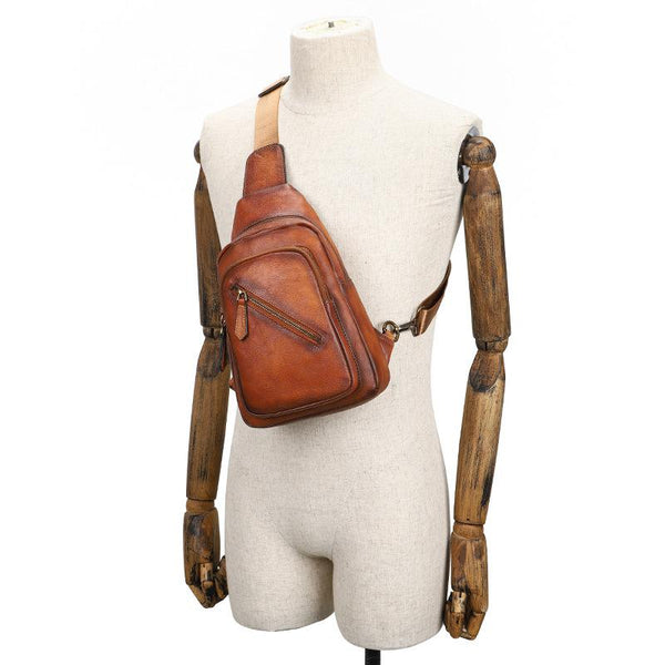 Vintage Brown Leather Men's Sling Bags Chest - Back View