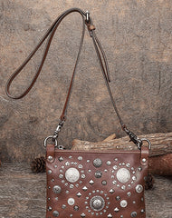 Red Leather Womens Rivets Shoulder Bags Saddle - Card Slots Detail