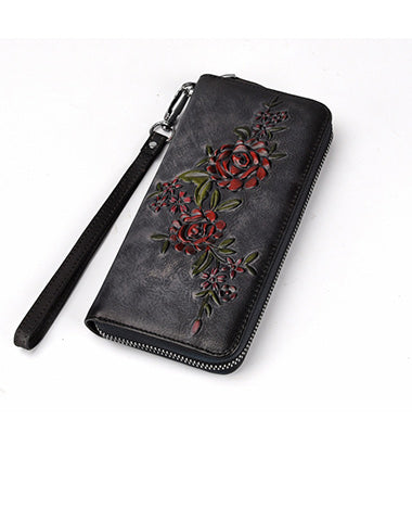 Womens Flowers Black Leather Zip Around Wallet Wristlet Wallet Floral Ladies Zipper Clutch Wallet for Women