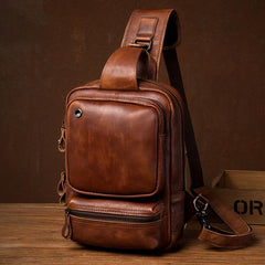 Casual Brown Leather Mens Sling Pack Sling Bag Chest Bag One Shoulder Backpack for Men