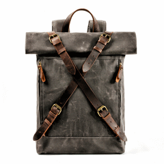 Cool Waxed Canvas Leather Mens 15.6‘’ Black Hiking Backpack Green Travel Backpack for Men