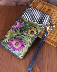 Vintage Handmade Flowers Floral Red Leather Wristlet Wallet Womens Zip Around Wallets Flowers Ladies Zipper Clutch Wallet for Women