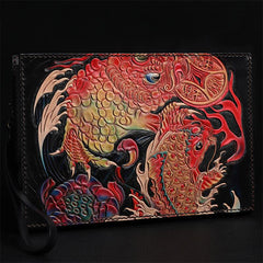 Black Handmade Tooled Leather Lion Chinese Dragon Clutch Wallet Wristlet Bag Clutch Purse For Men