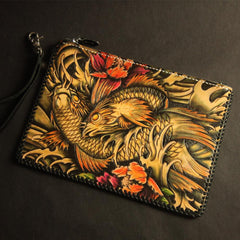 Cool Handmade Tooled Leather Floral Skull Clutch Wallet Wristlet Bag Clutch Purse For Men