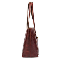 Mens Womens Leather Red Brown Tote Handbag - Card Slots Detail