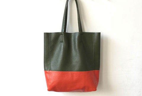 Dark Brown&Orange Leather Tote Bag Two Tone Tote Bag Womens Two Tone Purse Leather Work Tote Bag