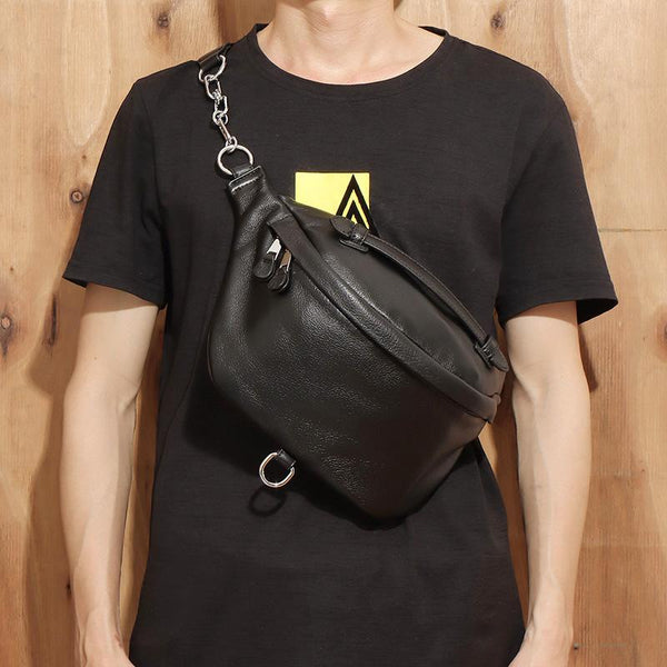 Black MENS LEATHER FANNY PACK BUMBAG Fanny - Back View