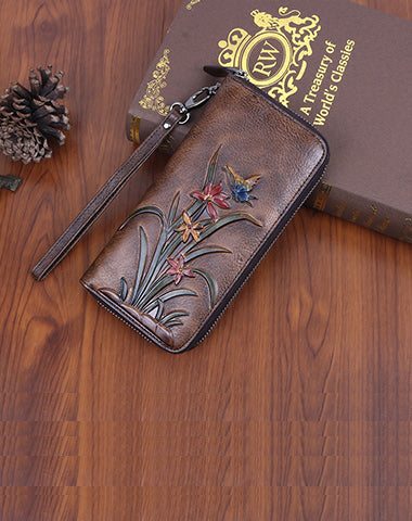 Womens Butterfly&Orchid Flower Coffee Leather Wristlet Wallets Zip Around Wallet Flower Ladies Zipper Clutch Wallet for Women