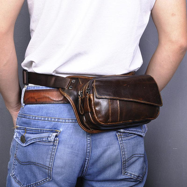 Brown Leather Fanny Pack Men's Black Chest - Back View