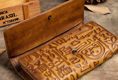 Handmade Long Leather Wallet Carved Vintage Wallet Botton Clucth Purse For Men Women - EverHandmade