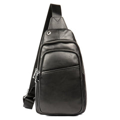 Black Leather Mens Cool Sling Bag Sling Pack Black Crossbody Packs Chest Bag for men